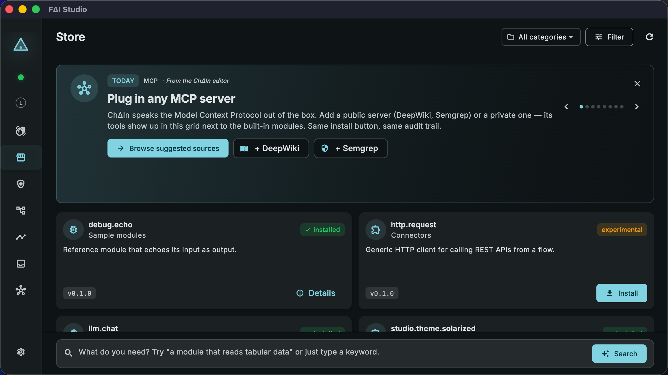 Modul-Store & MCP-Server — fertige Bausteine und externe Tools, ein Klick zur Installation